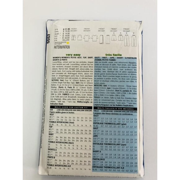 Vintage Butterick Sewing Pattern 5557 Women Vest Top Skirt Shorts Pants Sz 16-20 - Picture 2 of 2